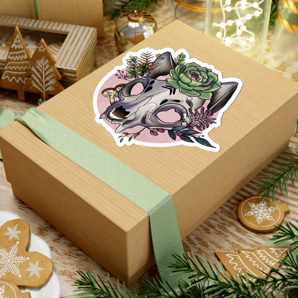 Boho Floral Cat Skull Stickers